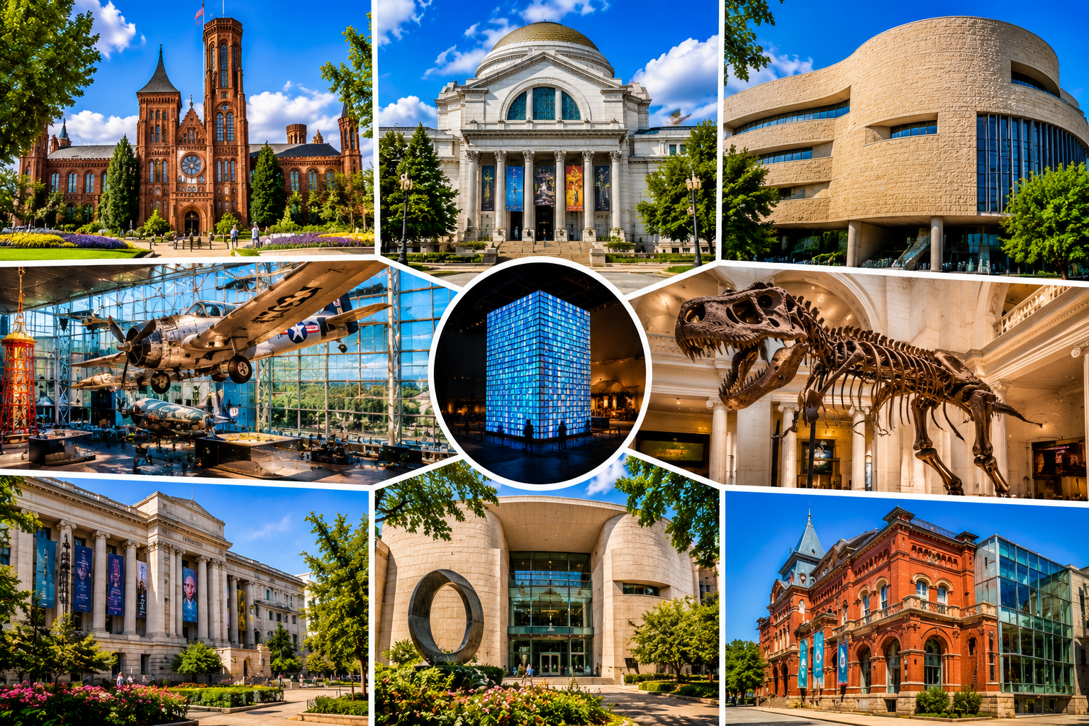 Best Smithsonian museums in Washington DC featuring the National Air and Space Museum, Natural History Museum dinosaurs, Smithsonian Castle, African American History and Culture Museum, and top free attractions on the National Mall in Washington, D.C.