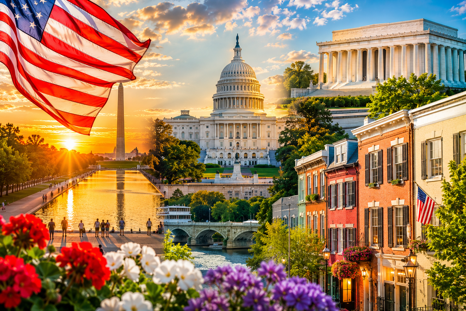 Washington DC summer travel guide featuring the U.S. Capitol, Lincoln Memorial, Washington Monument, Georgetown historic homes, American flags, colorful flowers, and scenic National Mall views at golden hour in Washington, D.C.