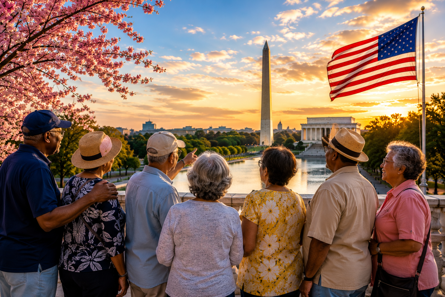 Senior friendly Washington DC tour group featuring diverse older travelers enjoying scenic views of the Washington Monument, Lincoln Memorial, cherry blossoms, and patriotic National Mall sunset during a private Washington, D.C. sightseeing experience.