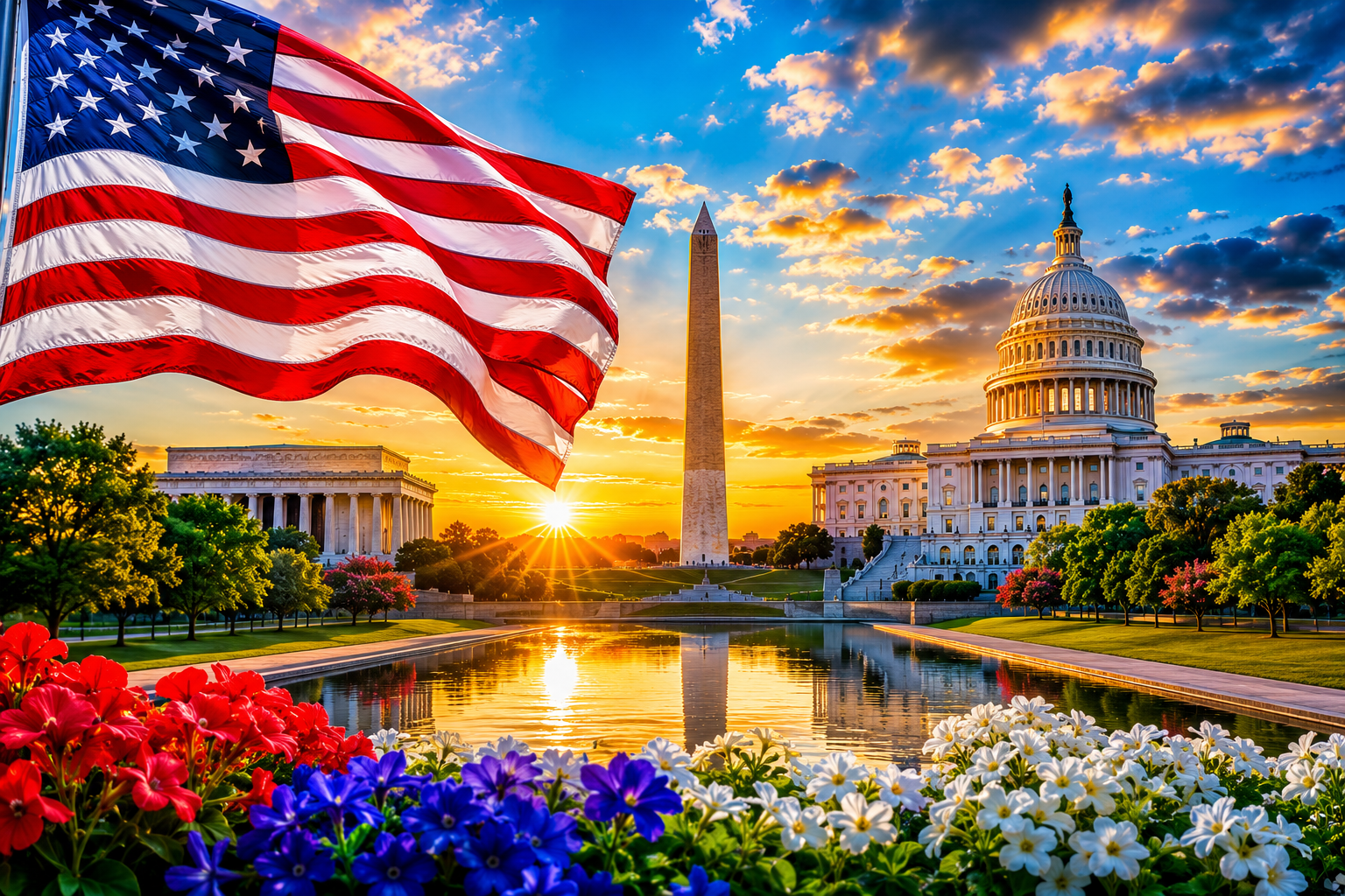 Washington DC summer skyline featuring the U.S. Capitol, Washington Monument, Lincoln Memorial, Reflecting Pool, American flag, and vibrant patriotic flowers at golden hour in Washington, D.C. travel destination.