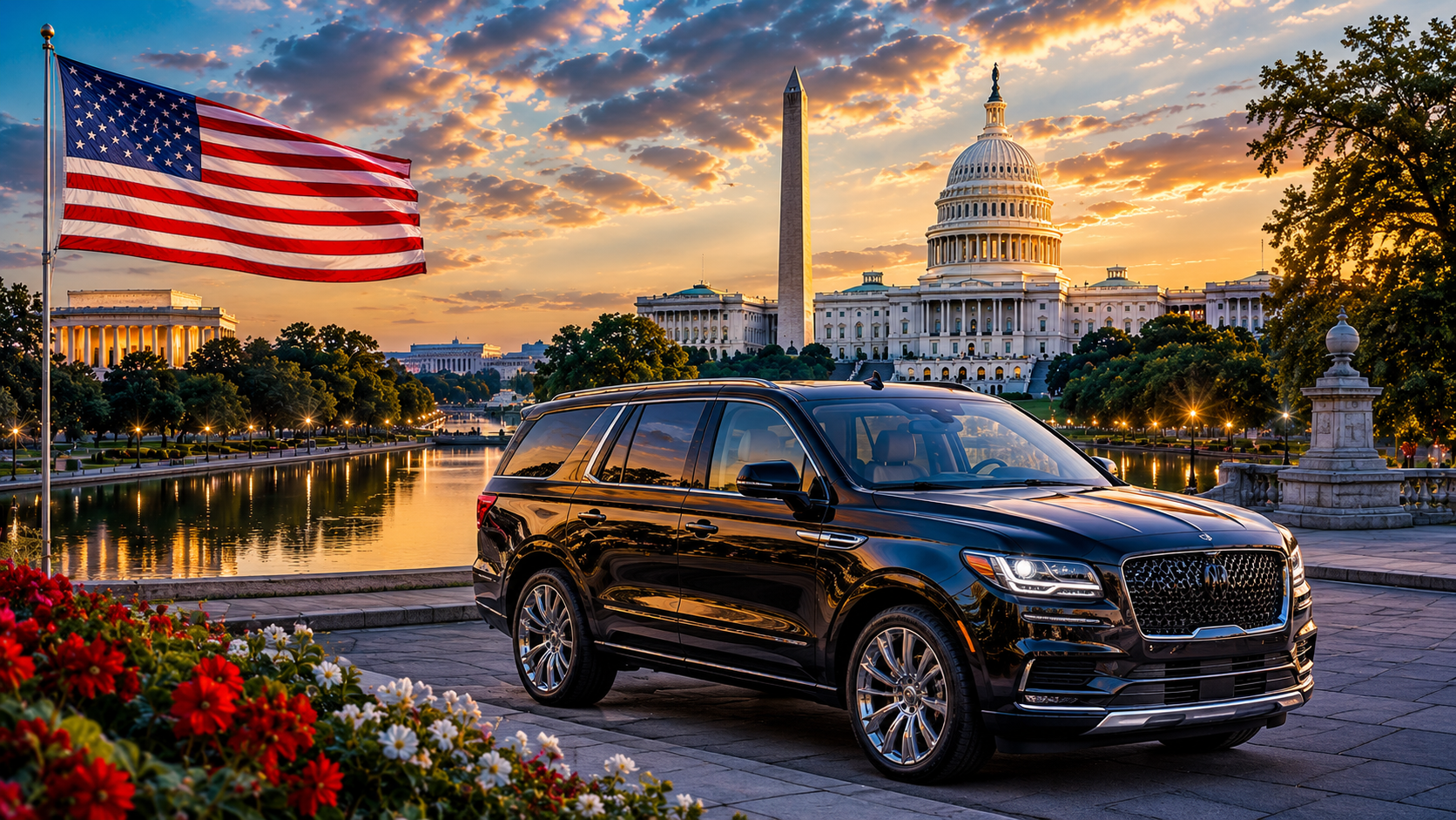 Luxury Washington DC private tour with luxury SUV parked beside the National Mall featuring the U.S. Capitol, Washington Monument, Lincoln Memorial, Reflecting Pool, American flag, and golden sunset skyline in Washington, D.C.