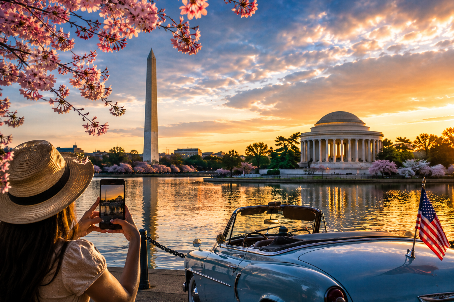 Washington DC travel guide 2026 featuring cherry blossoms, the Jefferson Memorial, Washington Monument, luxury vintage convertible, scenic Tidal Basin waterfront, patriotic American flag, and sunset skyline views in Washington, D.C.
