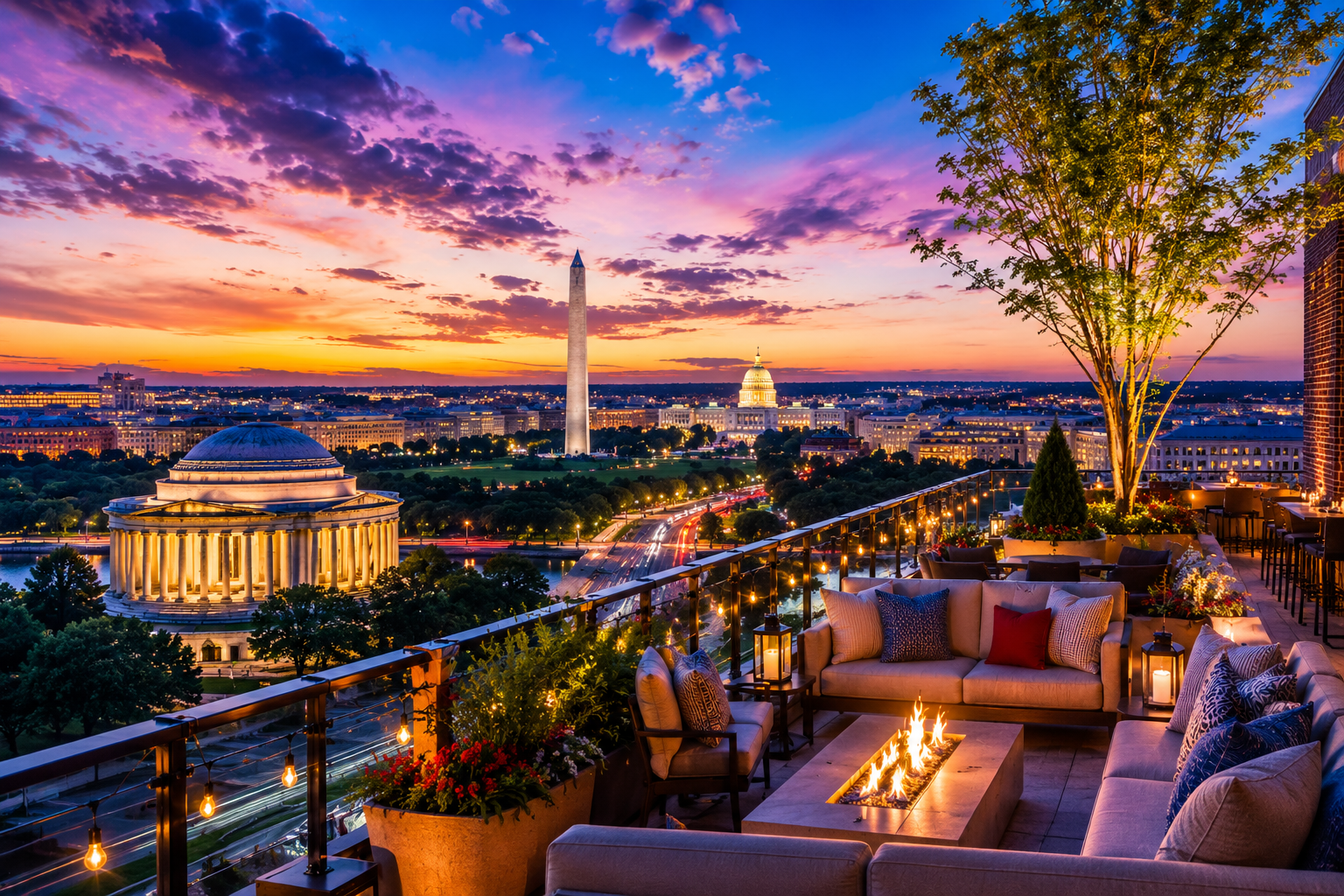 Luxury rooftop view overlooking Washington, D.C. at sunset featuring the Jefferson Memorial, Washington Monument, U.S. Capitol, elegant rooftop lounge seating, glowing fire pit, city lights, and panoramic skyline views in Washington DC.